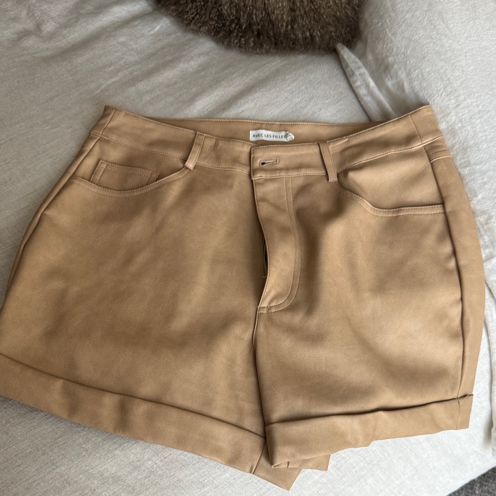 Avec Les Filles Faux Leather Tan Cargo Shorts